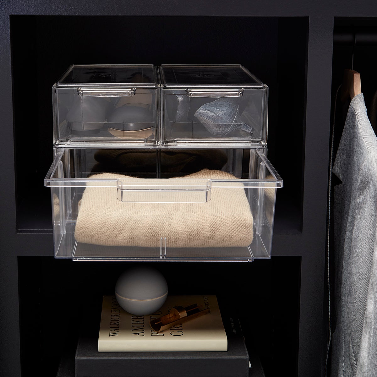 clear stackable sweater bins